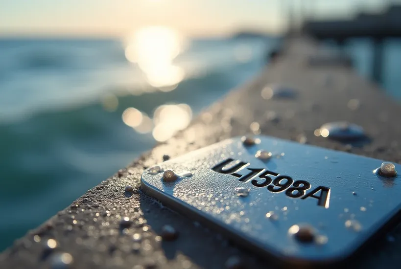 Stainless plate stamped “UL1598A MARINE” with salt crystals and water beads.