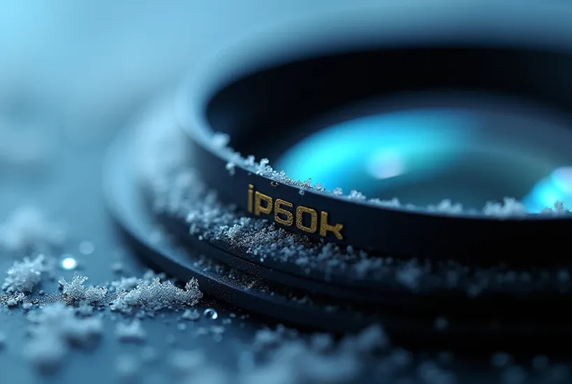 IP69K marking on a frosted LED lens with cold-weather condensation.