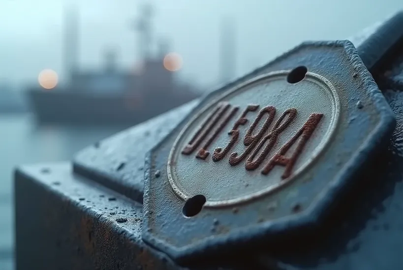UL1598A stamp on a marine floodlight yoke with salt-spray wear.