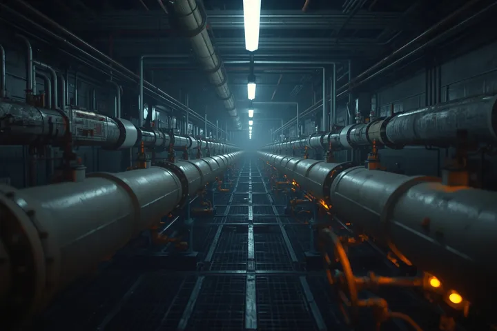 West Virginia natural gas pump station valve corridor illuminated by hazardous linear LED fixtures, low angle aisle, landscape.