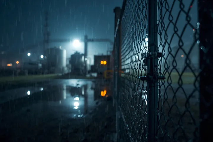 West Virginia natural gas pump station yard, chain link gate with rain droplets, hazardous linear LED reflections, landscape.