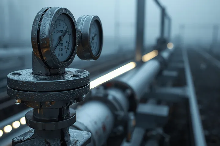 West Virginia natural gas pump station, stainless valve wheel and gauges under hazardous linear LED lighting, landscape.