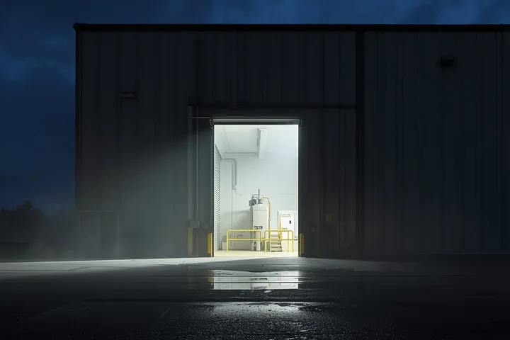 Adjacent bay entry casting LED light toward scrubber room access, hazardous compliant visibility, landscape.