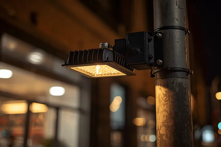 Dallas parking lot shoebox LED on pole with mounting bolts and fins in view, landscape.