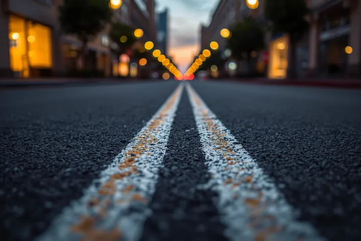 Dallas parking aisle with even LED lighting and clear lane lines at night, landscape.