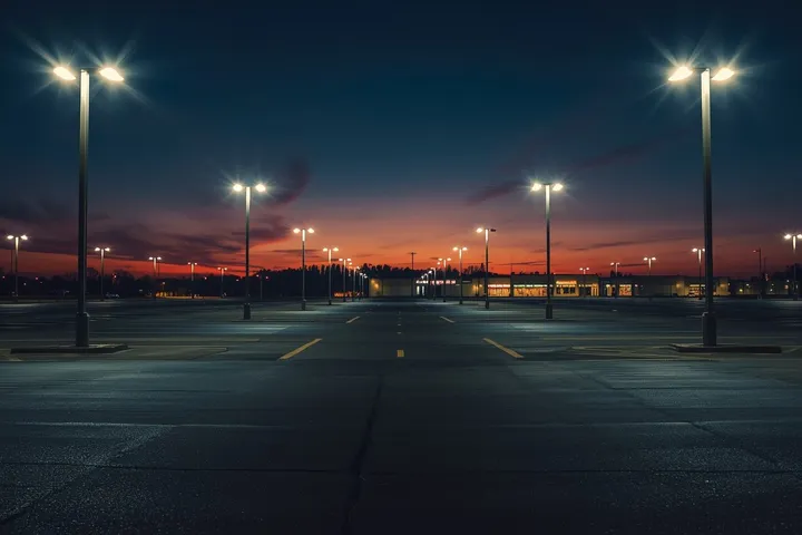 Dallas parking lot at night with LED poles creating clear, even visibility across dry asphalt, landscape.