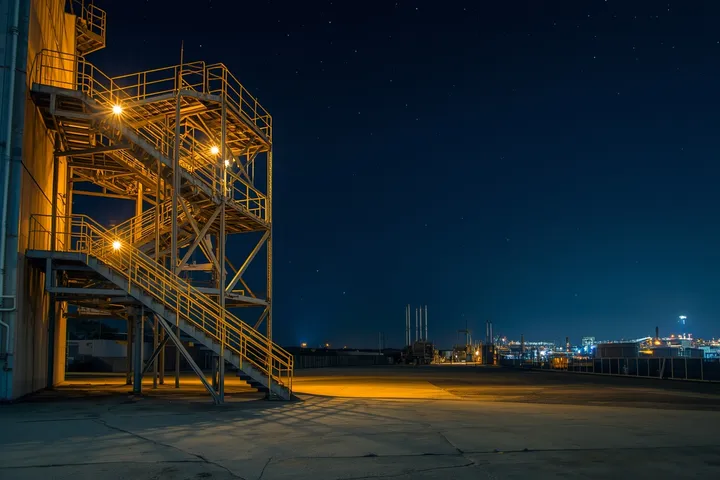 Aerial view of Permian Basin, West Texas land rig, LED work lights from IR Series family.