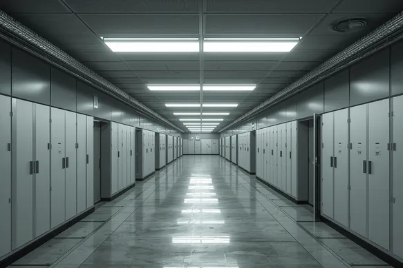Chemical plant corridor with ceiling lights forming bright pools across instrument cabinets and floor, landscape.