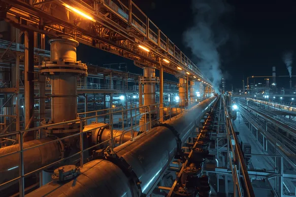 Chemical plant pipeway with walkway lights tracing rails and ladders, thin steam catching glow, landscape.
