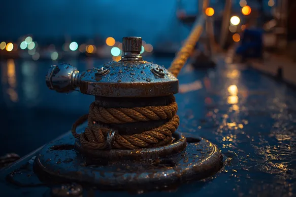 Alaska workboat deck cleat with water beads sparkling under deck lights, harbor bokeh behind, landscape.