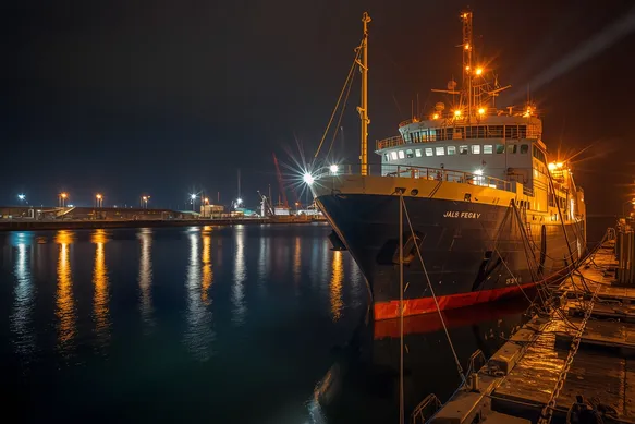 Alaska workboat dockside with deck lights glowing on wet steel and water reflections, landscape.