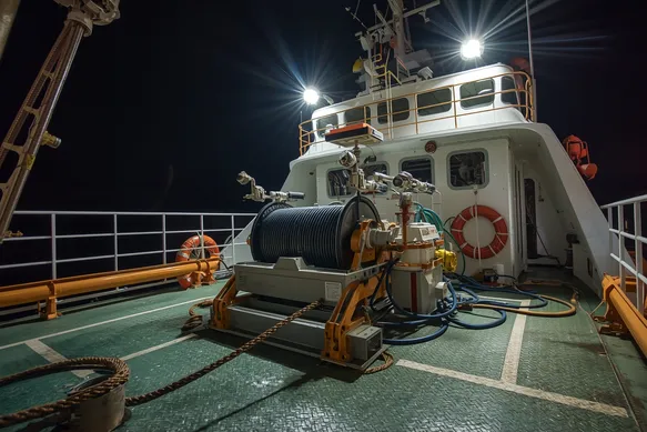 Alaska workboat work zone evenly lit by deck floods, winch and rails clearly visible, landscape.