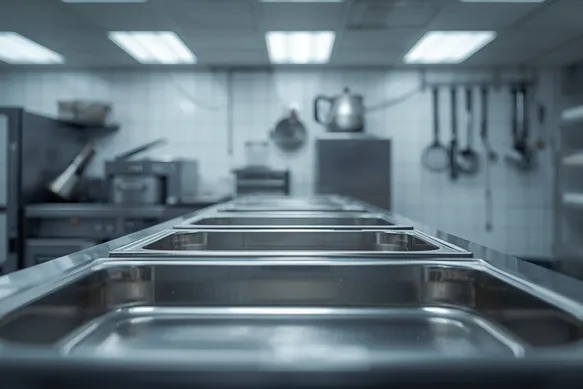 Alabama food plant stainless trays with bright overhead lighting creating clean highlights and reflections, landscape.