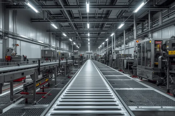 Alabama packaging line brightly lit by ceiling fixtures with even wash over conveyors and walls, landscape.