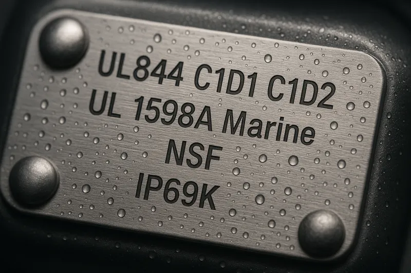 Close-up engraved nameplate showing UL844, UL 1598A Marine, NSF, and IP69K compliance ratings.