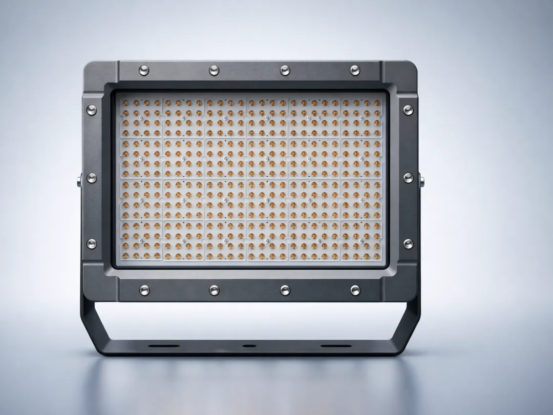 High-resolution 3D render of an explosion proof LED exit and emergency light combo with two adjustable LED heads, rugged aluminum housing, and bold red EXIT sign on a neutral gradient background.