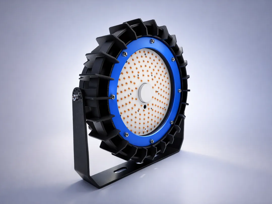 FYS and FYD Series Explosion Proof LED Light, angled view, blue bezel, finned heatsink, yoke mounting bracket