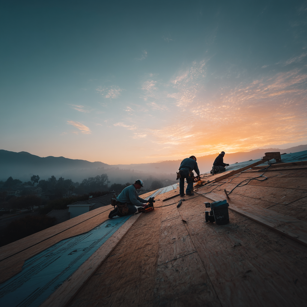 Roofing crew working on a residential roof installation