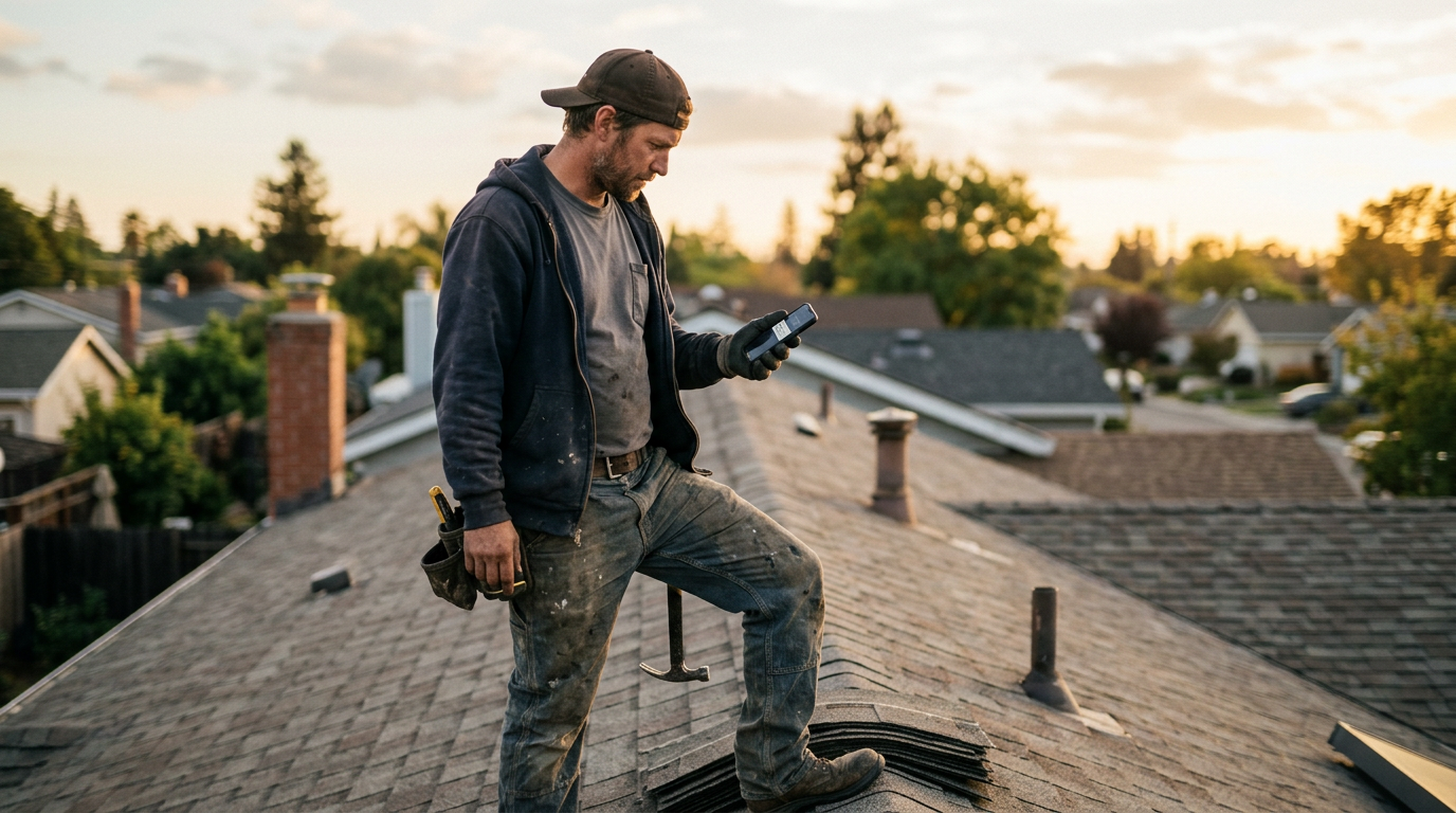 A male roofing contractor in worn work clothes and a baseball cap standing on a residential rooftop, looking down at his smartphone screen