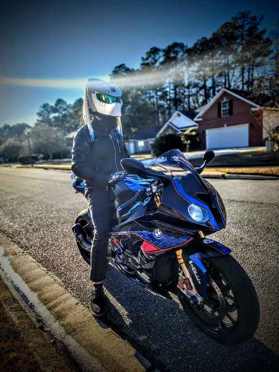 Mike Poarch in full gear on his motorcycle