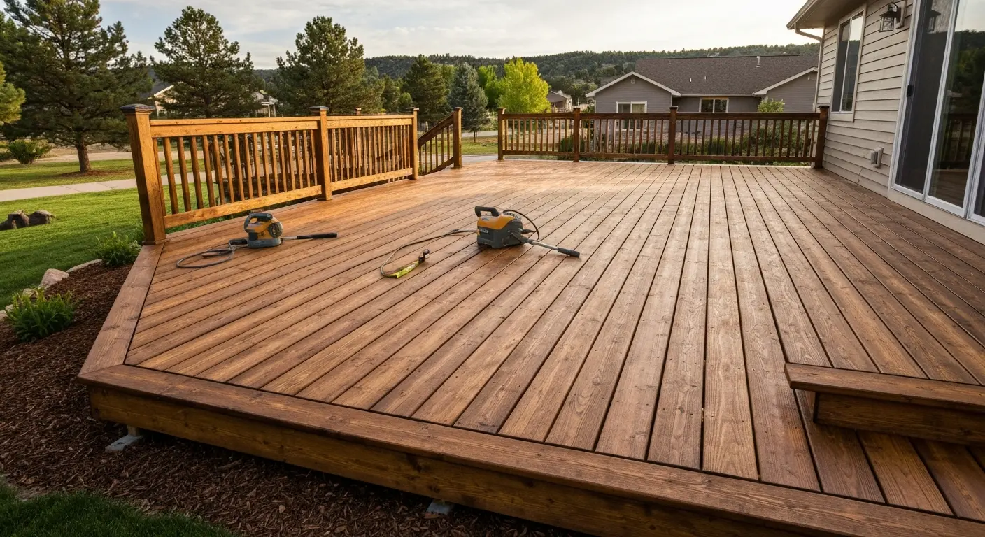 Pressure-treated wood deck with stain finish