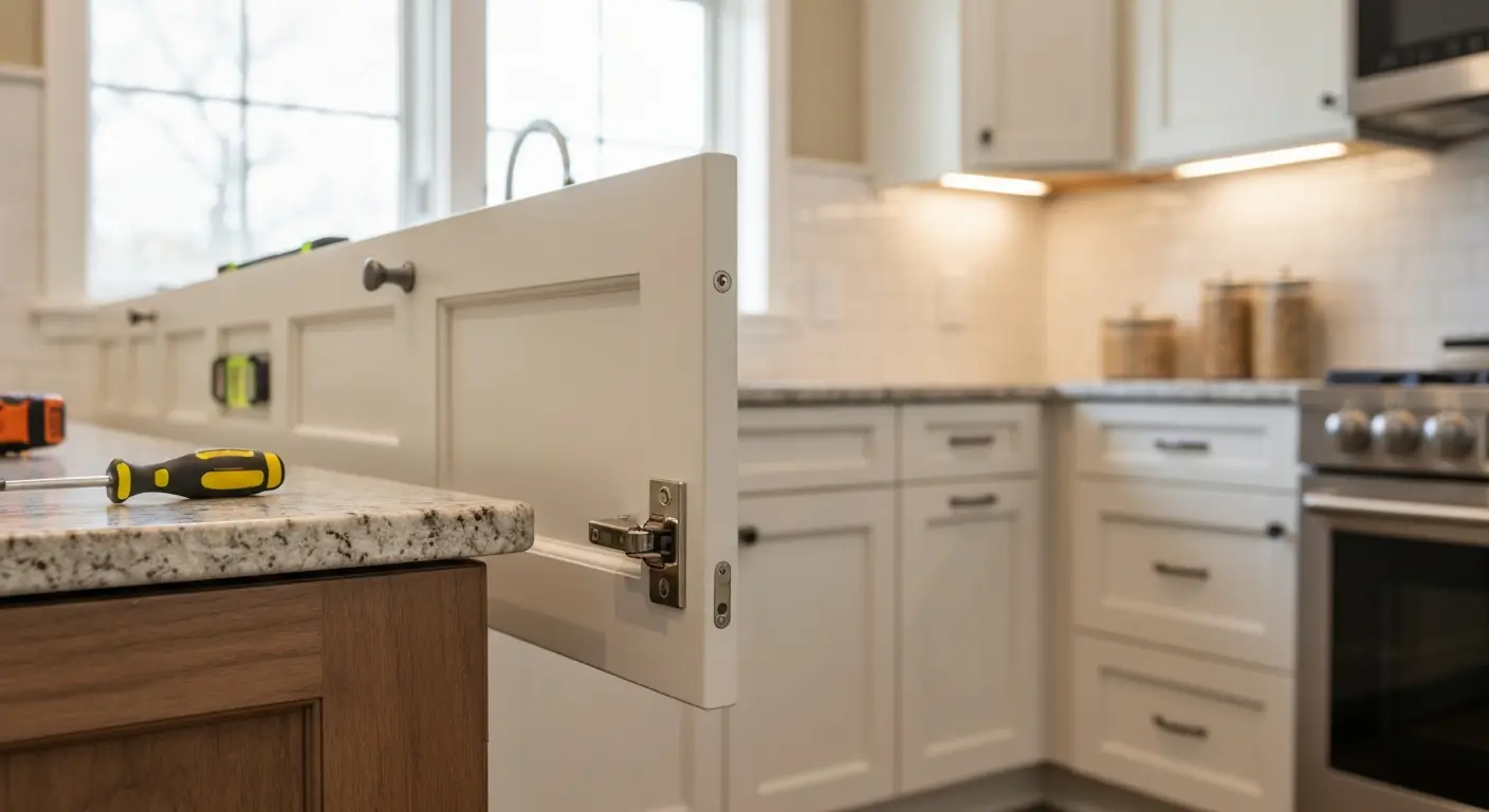 Cabinet hardware installation and soft-close hinges