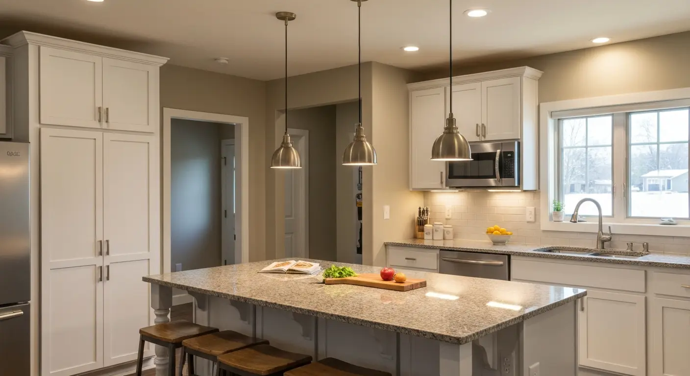 Pendant lights above kitchen island