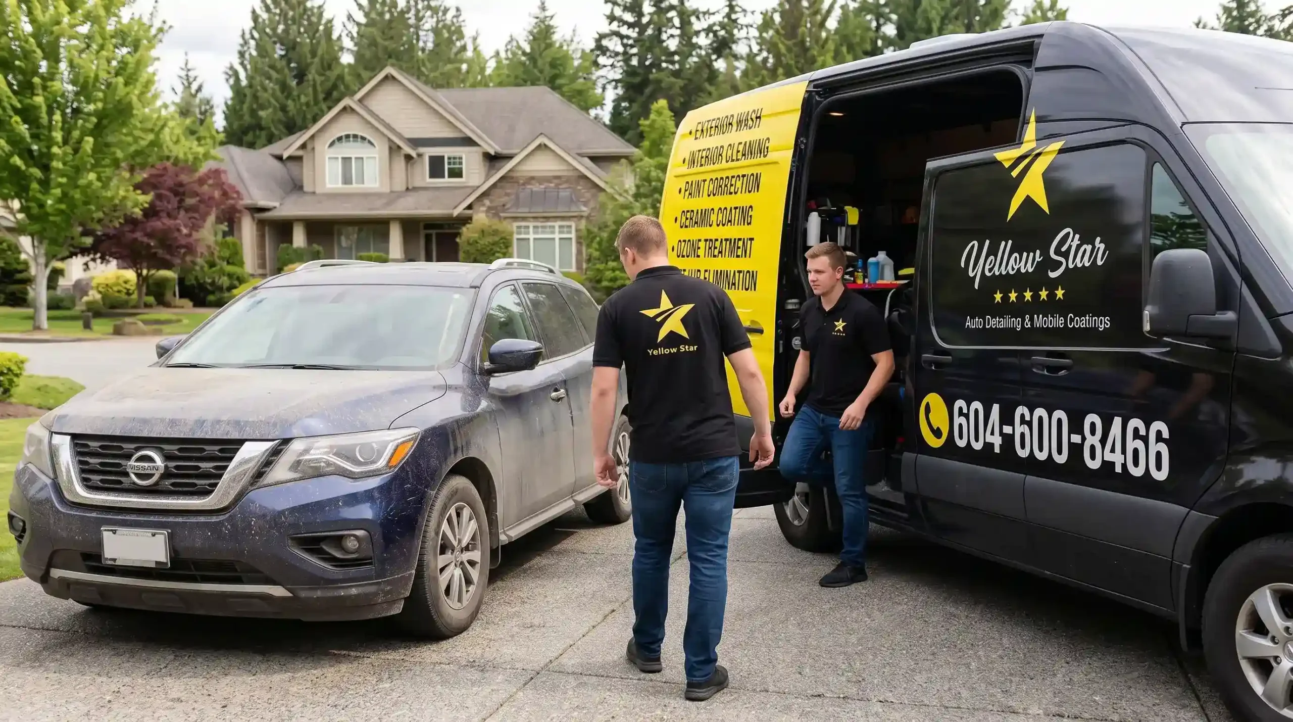 Yellow Star mobile detailing technicians working from their service van in a driveway