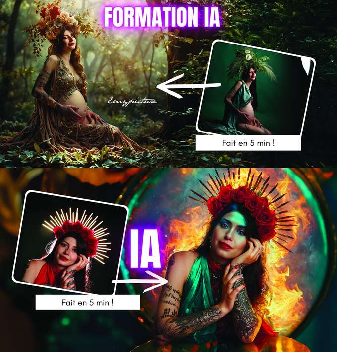Deux photos de studio transformées avec l'IA : une future maman dans une forêt, un portrait couronné de roses devant des flammes.