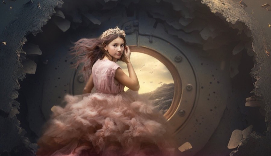 Une petite fille en robe de princesse devant une porte de coffre-fort, photo transformée avec l'IA