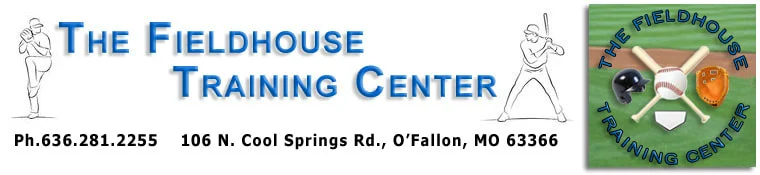 The Fieldhouse Training Center logo with baseball figures, contact number, address, and a baseball equipment emblem.