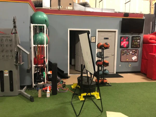 Strength and agility training equipment setup inside Fieldhouse sports performance gym