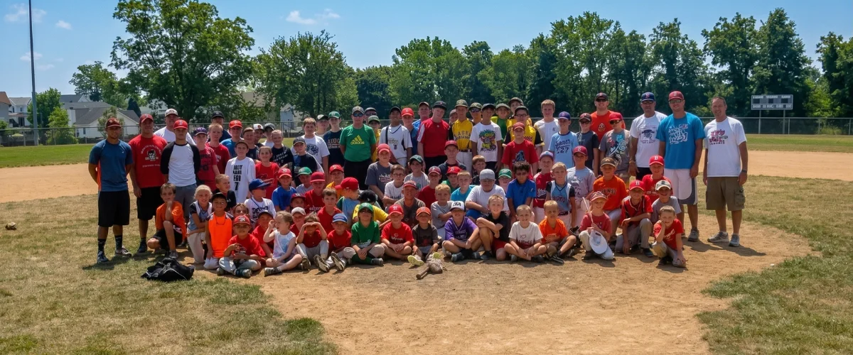 A large group of youth baseball players and adult coaches pose together on a dirt field with green trees in the background.