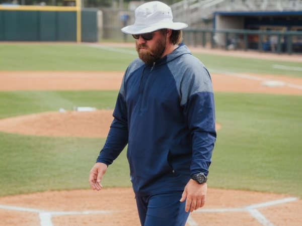 Instructor walking across a baseball field wearing athletic gear and a hat