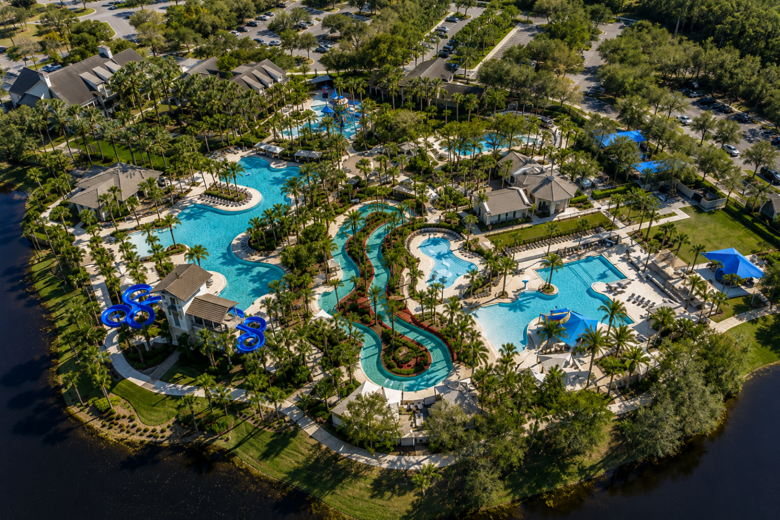 Aerial view of Nocatee Splash Water Park with lazy river, pools and water slides Aerial view of Nocatee Splash Water Park with lazy river, pools and water slides