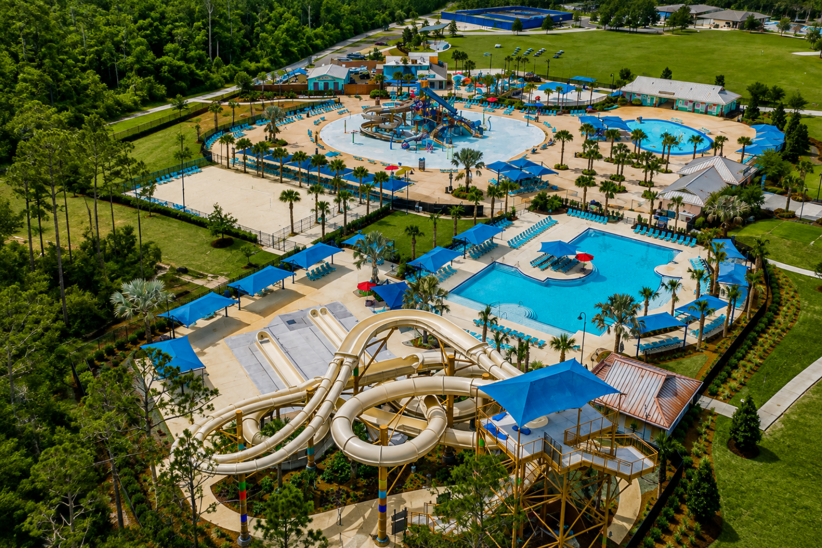 Aerial view of Nocatee Spray Waterpark with pools and interactive water features Aerial view of Nocatee Spray Waterpark with pools and interactive water features