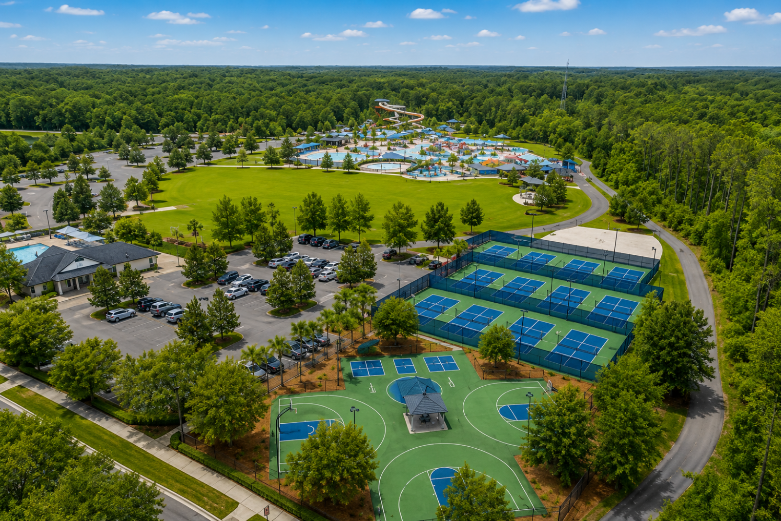 Aerial view of sports courts, fields and recreation amenities in Nocatee, Florida Aerial view of sports courts, fields and recreation amenities in Nocatee, Florida