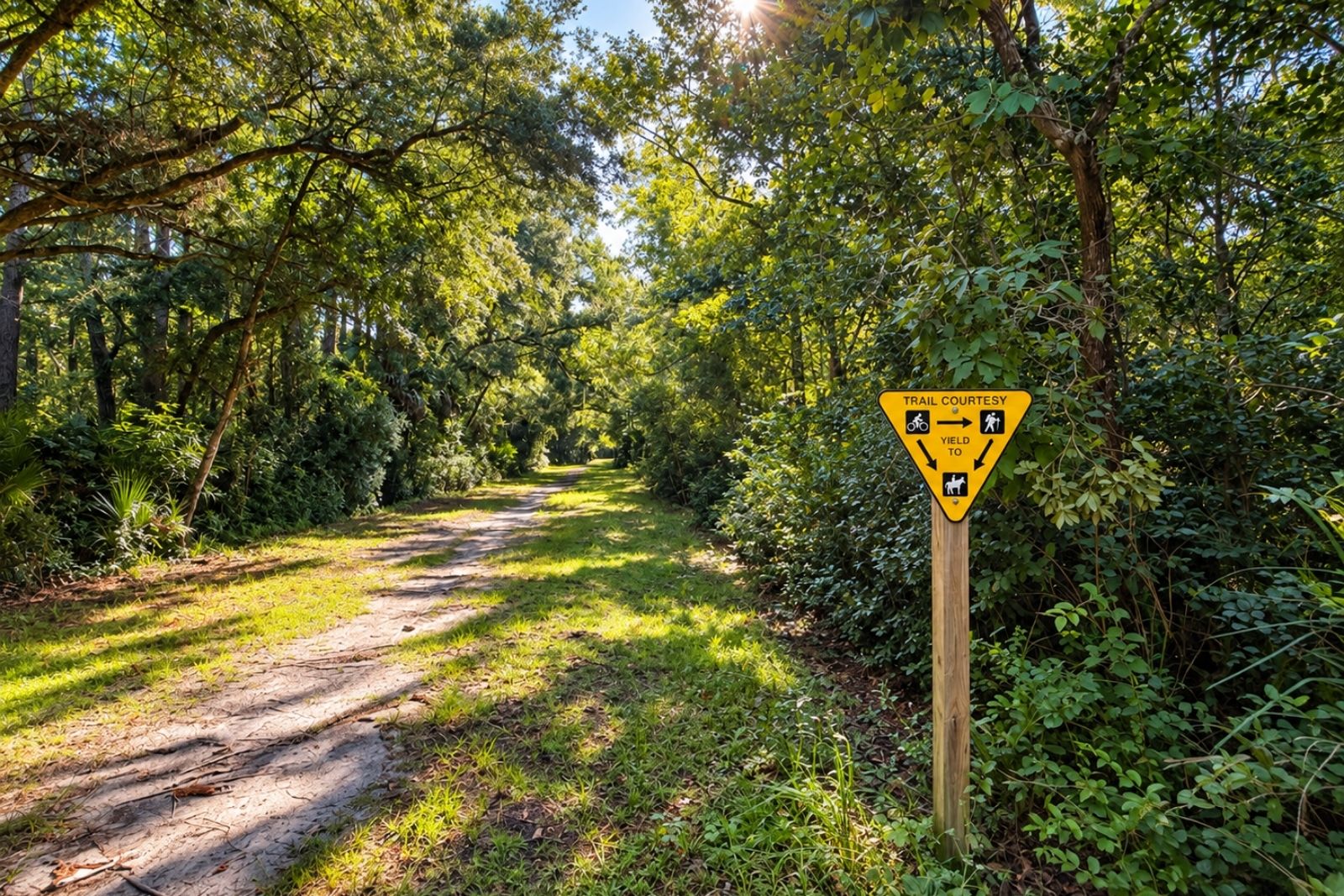 Trail courtesy sign for cyclists, hikers and horseback riders in the Nocatee Preserve