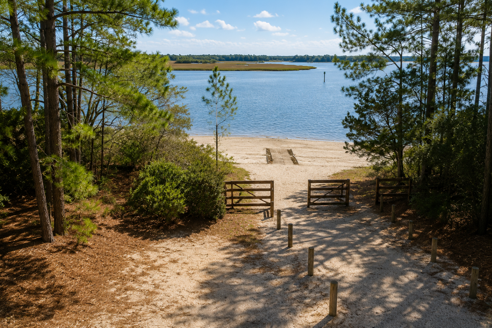 Sandy kayak and paddleboard launch overlooking the Tolomato River at Nocatee Landing