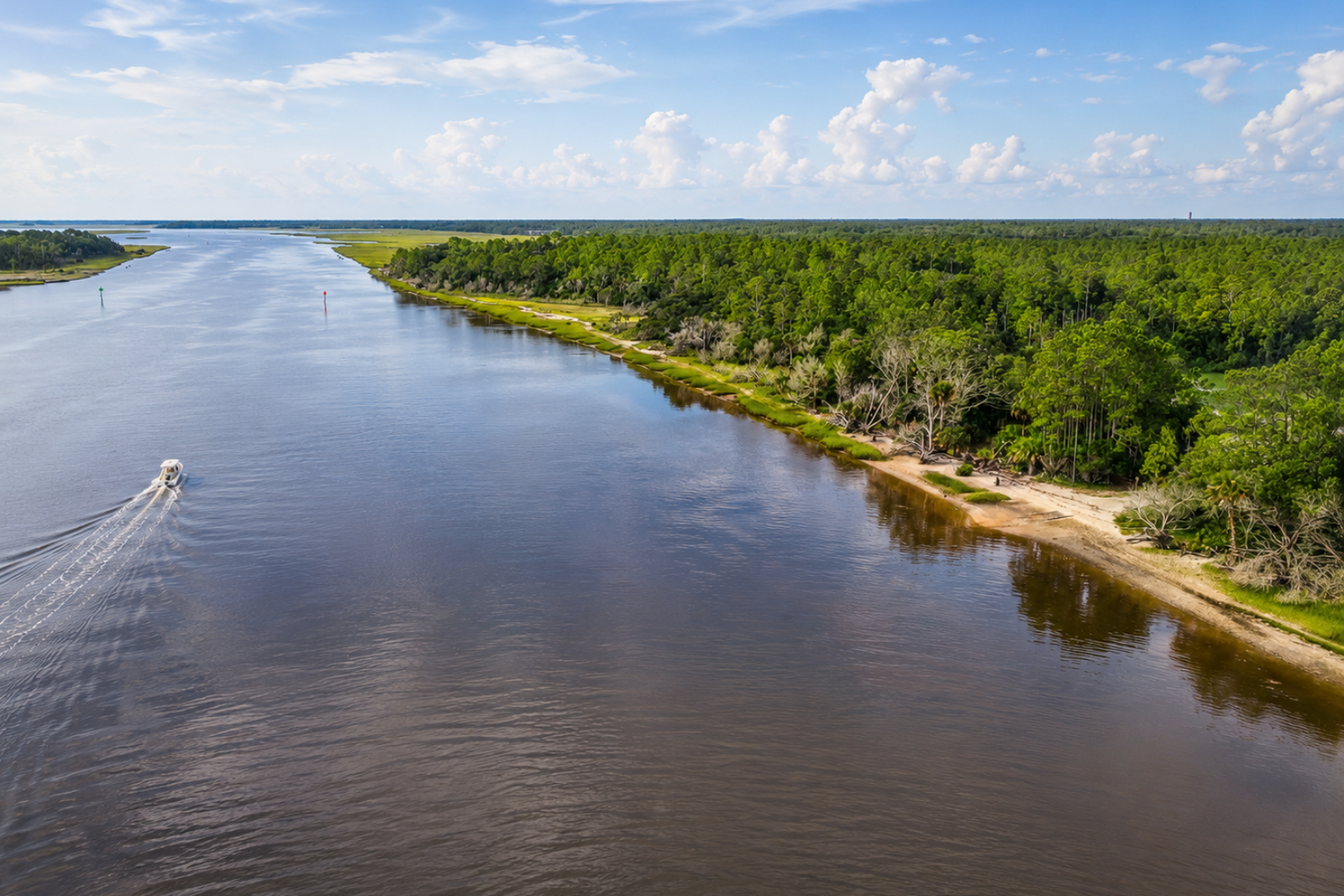 Aerial view of the Tolomato River and wooded shoreline near Nocatee Landing
