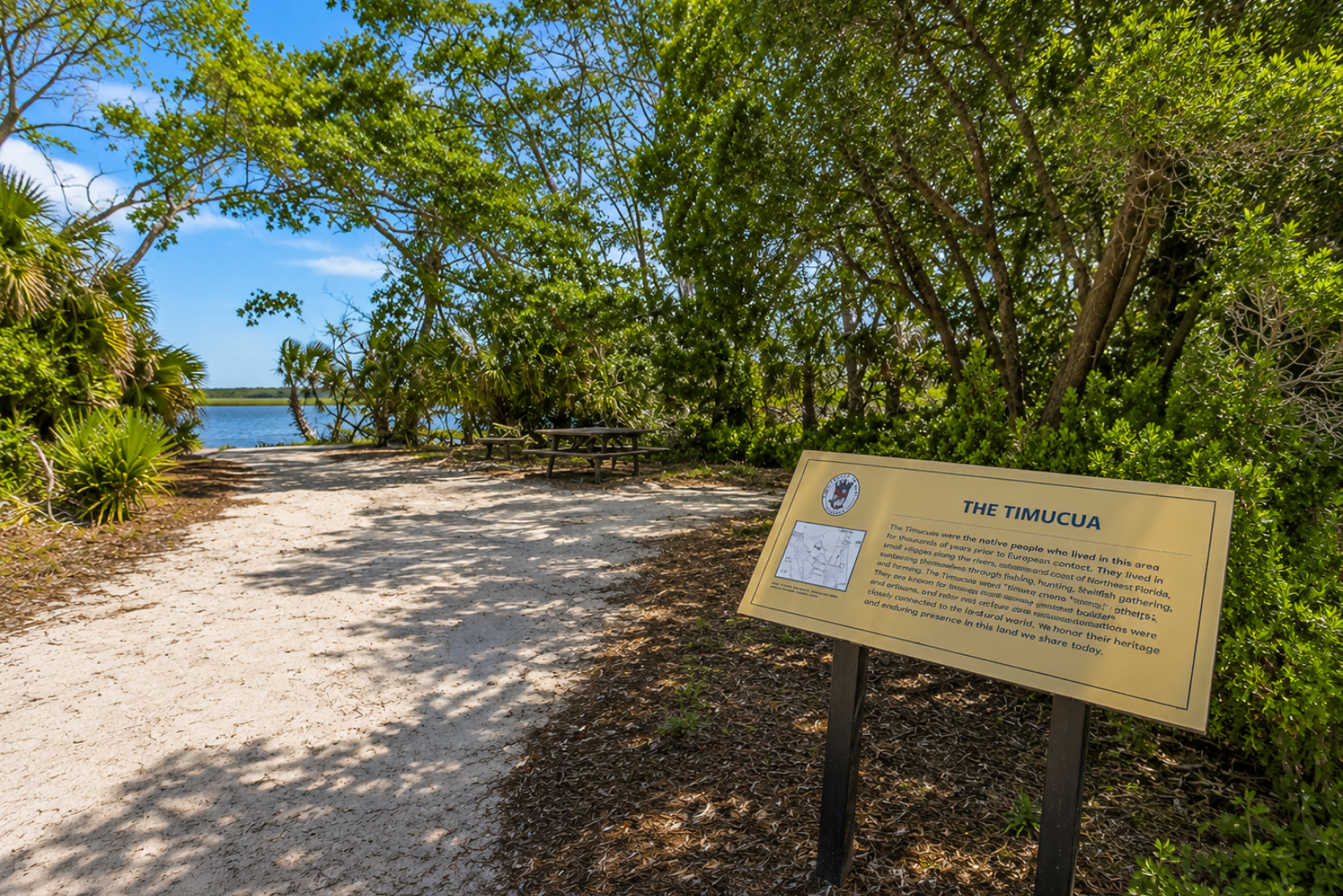 Timucua interpretive marker beside the waterfront at Nocatee Landing
