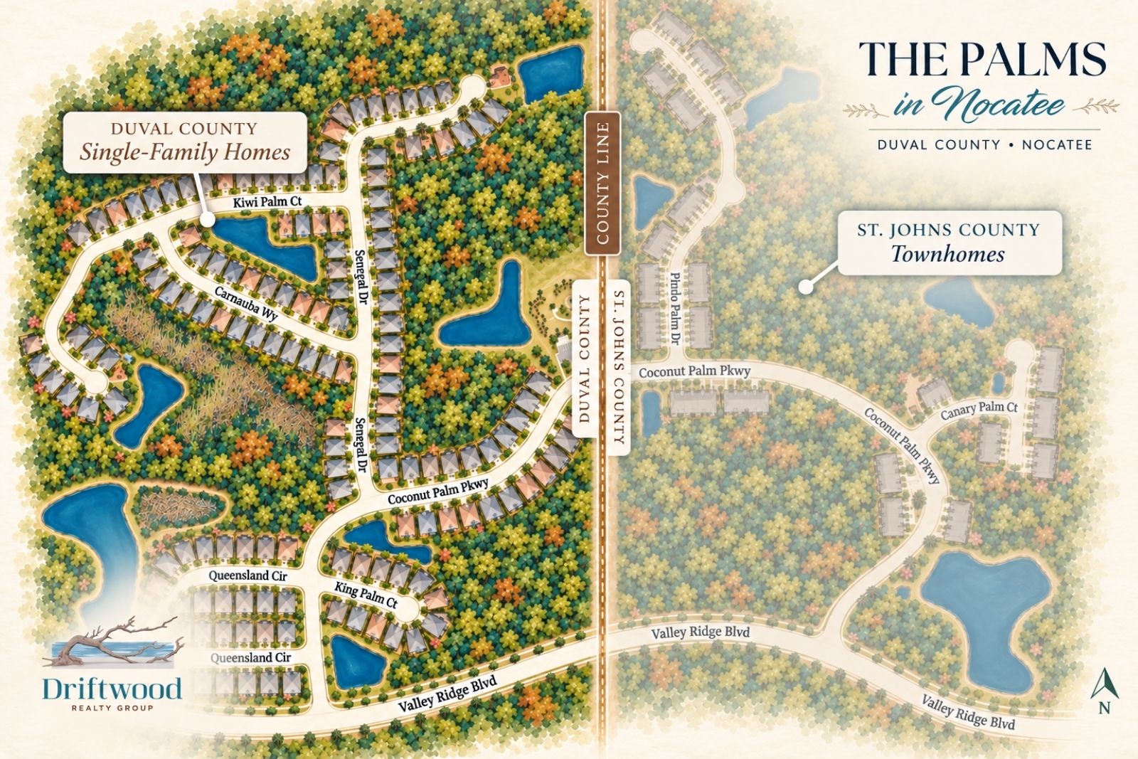 Map showing The Palms single-family homes in Duval County and The Palms Townhomes in St. Johns County at Nocatee