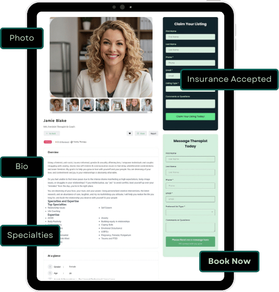 A Mockup Of A Therapy Practice Profile On A Tablet With Sections For