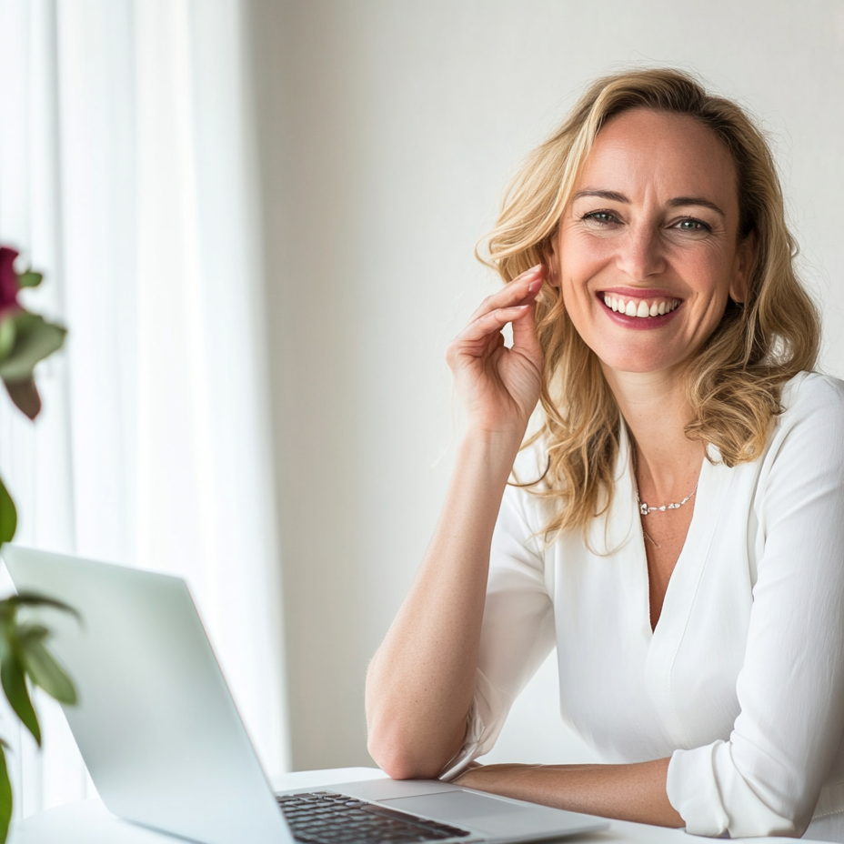 A confident therapist smiling at her laptop, illustrating the benefits of PowerTherapyAI, which saves time, improves client satisfaction, supports professional growth, and streamlines billing.