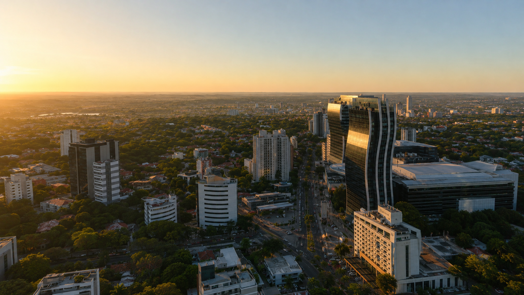 Vista aérea recreada del eje corporativo de Asunción, Paraguay