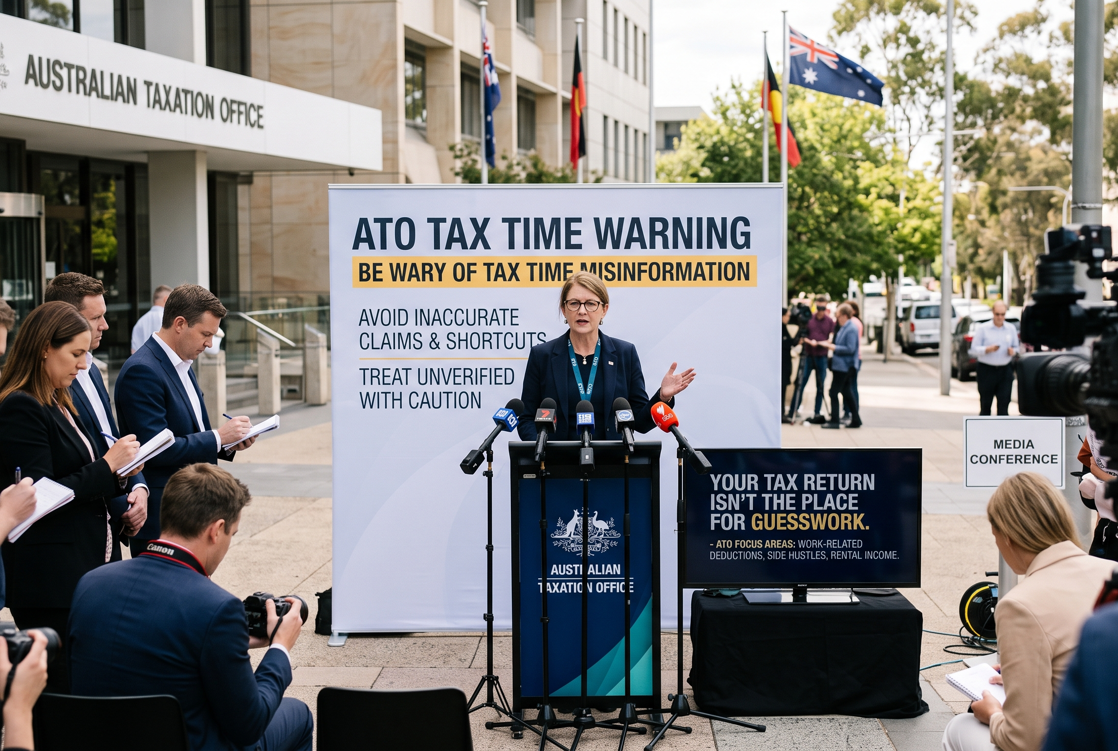 A professional corporate flat lay concept on a dark charcoal-textured desk. A sleek, open laptop displays an Australian tax return checklist on screen with a stylized red flag icon near 