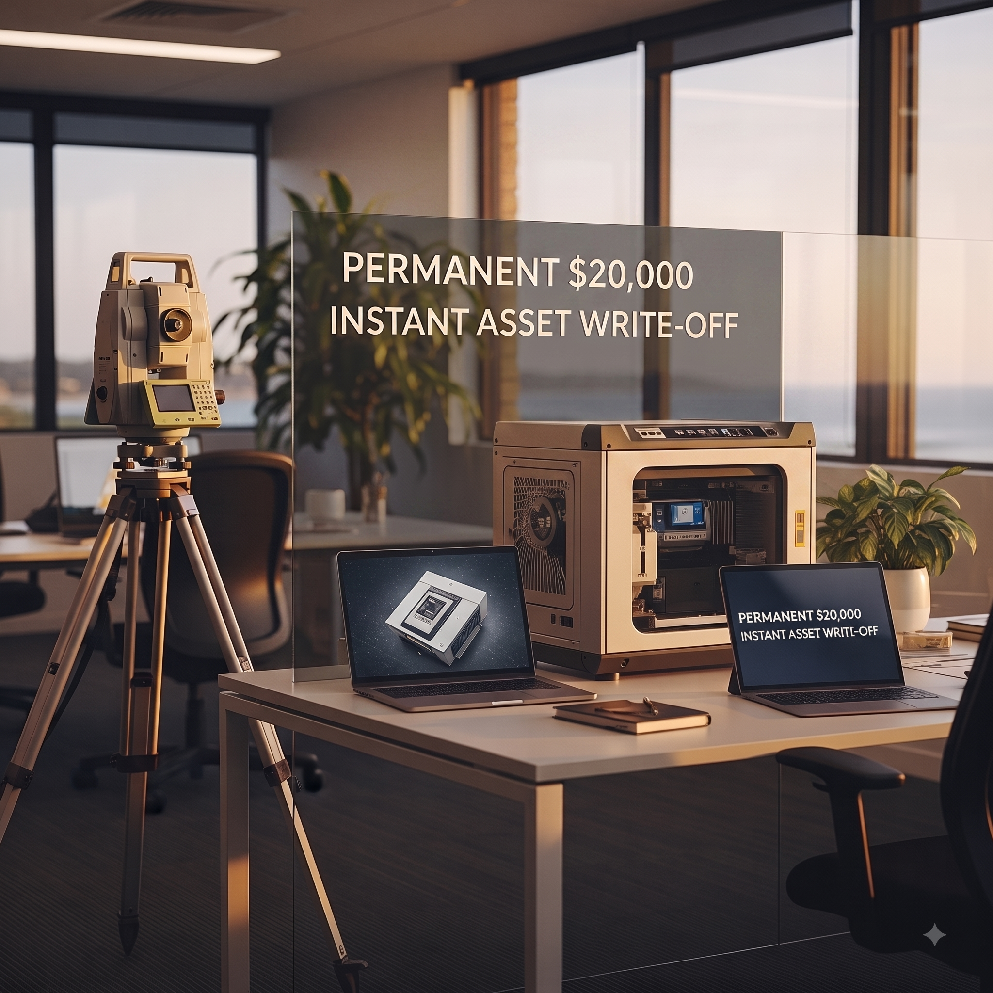 A high-resolution, professional commercial photograph of several diverse business assets grouped together in a well-lit, modern regional Australian office setting (with native plants in the background). The assets include a high-end surveying tool on a tripod, a powerful workstation laptop, a modern piece of manufacturing equipment, and a sleek office desk. Interwoven slightly into the scene, perhaps etched on a clean glass divider or subtly displayed on a tablet screen, is the text: 