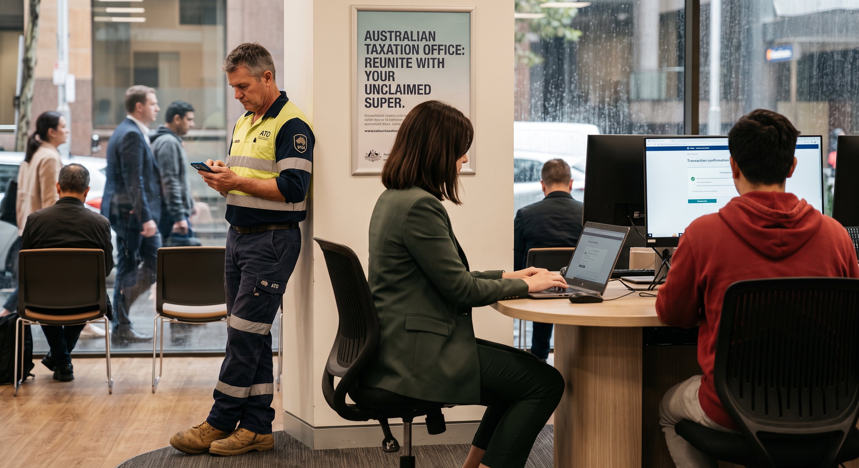 A high-resolution, professional commercial photograph of several diverse business assets grouped together in a well-lit, modern regional Australian office setting (with native plants in the background). The assets include a high-end surveying tool on a tripod, a powerful workstation laptop, a modern piece of manufacturing equipment, and a sleek office desk. Interwoven slightly into the scene, perhaps etched on a clean glass divider or subtly displayed on a tablet screen, is the text: 