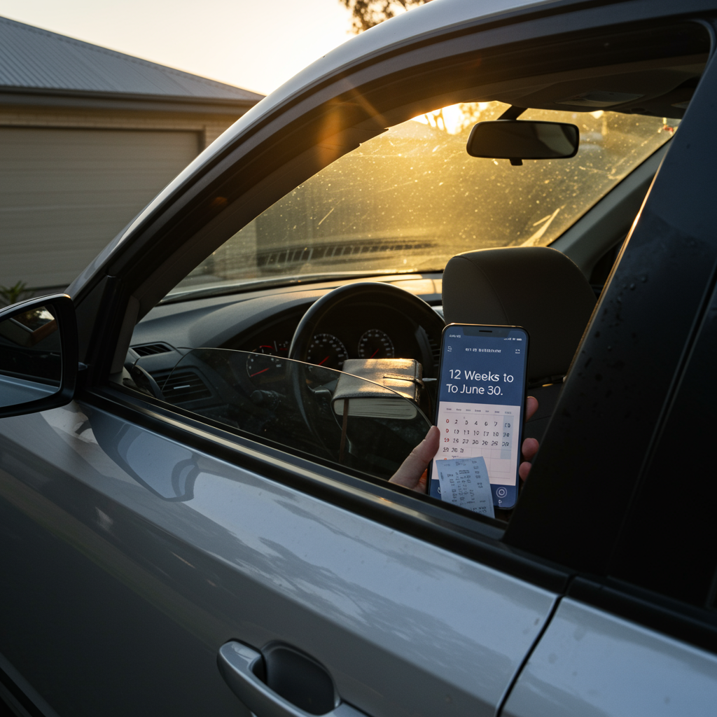 close-up, high-detail photo of a modern white utility vehicle (ute) parked on a paved driveway in suburban Australia. The focus is on the side mirror and the dashboard through the window, with soft morning light. In the background, a leafy Australian street is slightly blurred. The aesthetic is professional, clean, and organized. 8k resolution, realistic textures.
