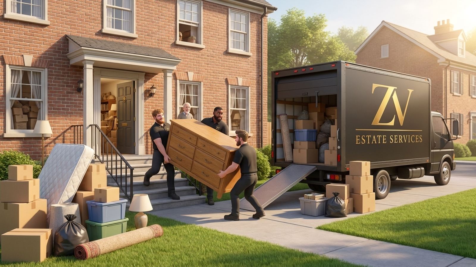 ZV Estate Services crew carrying furniture out of a Delaware family home to the truck